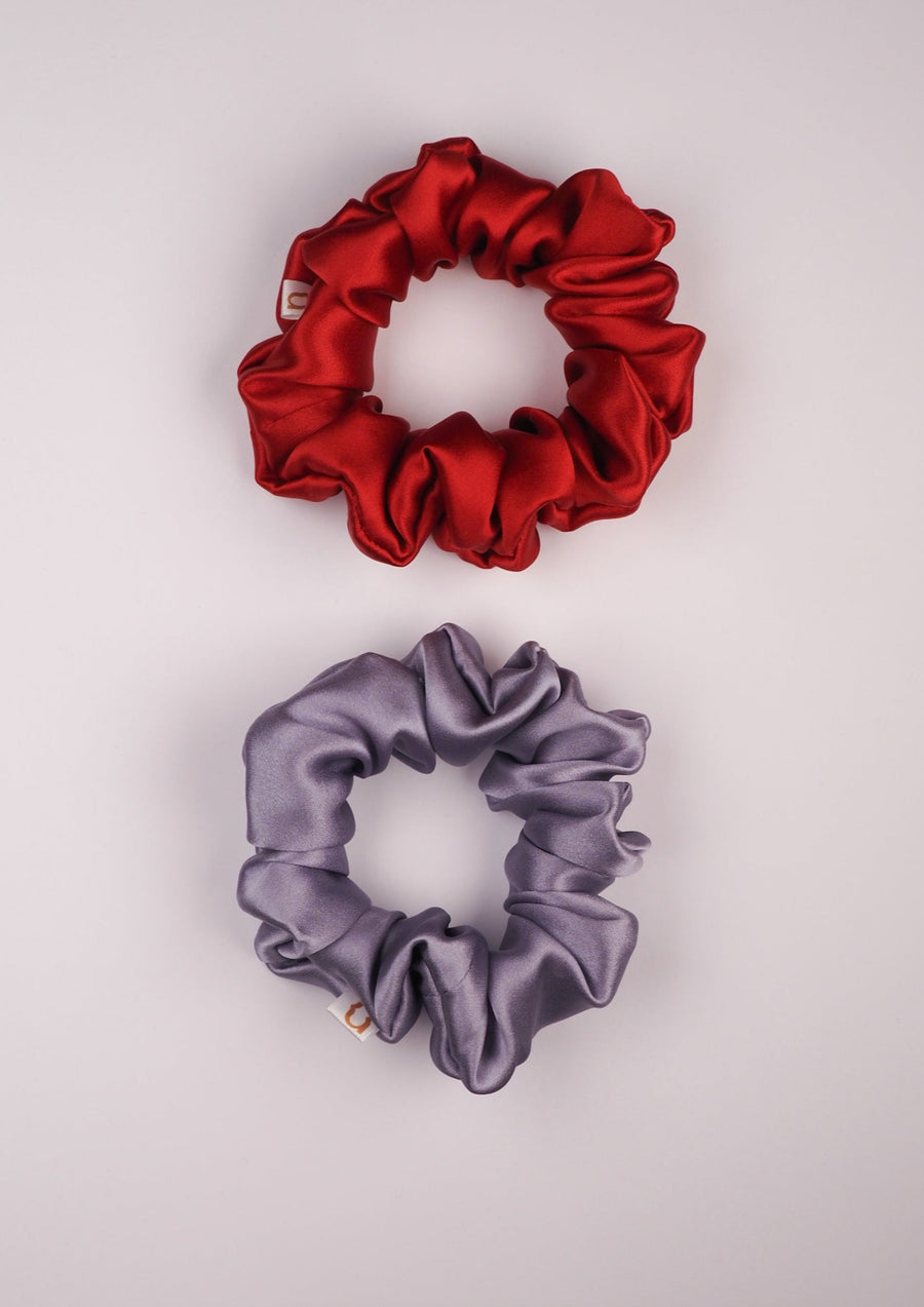 Set of mini silk hair ties - red and lilac colors