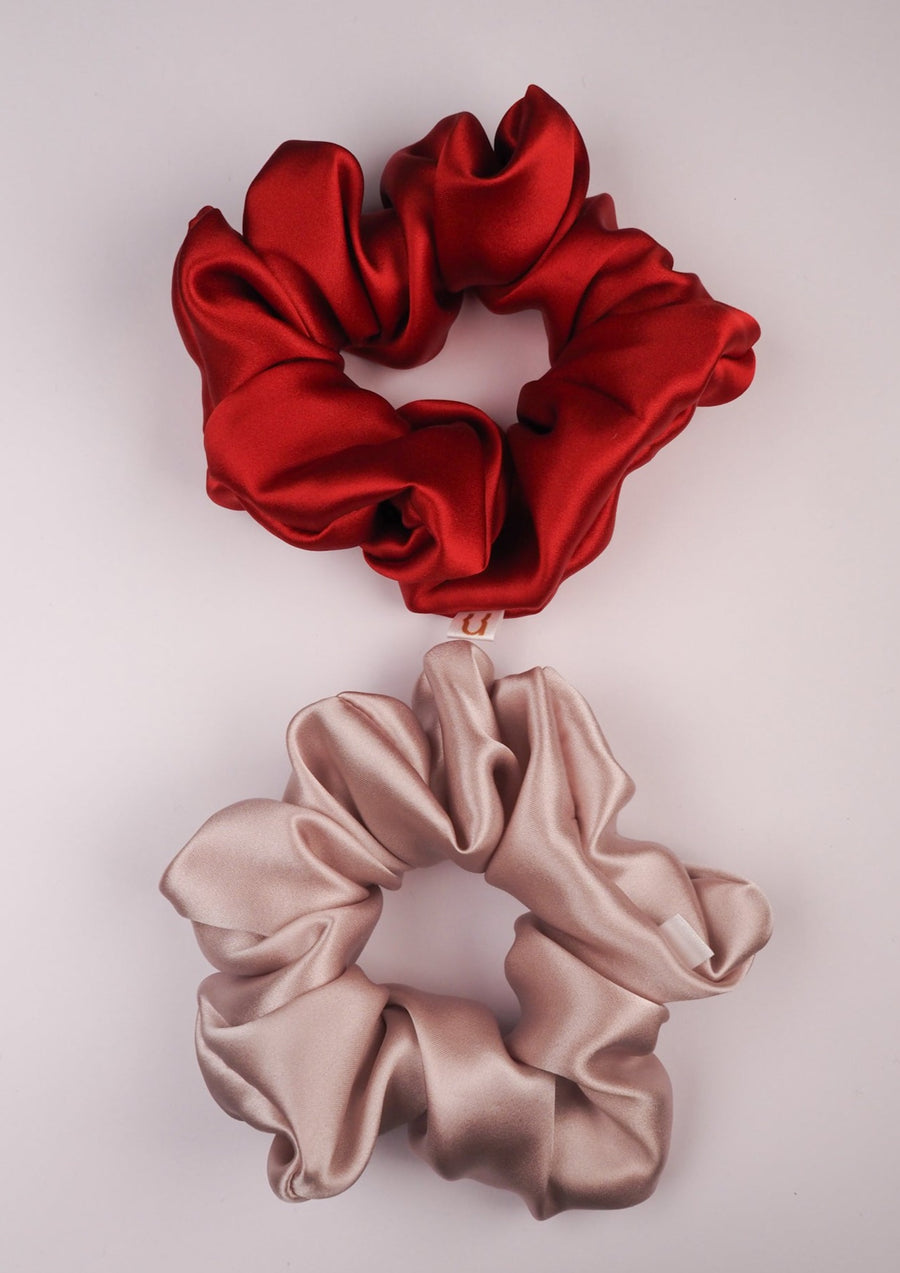 Set of silk hair ties - red and ash rose colors 